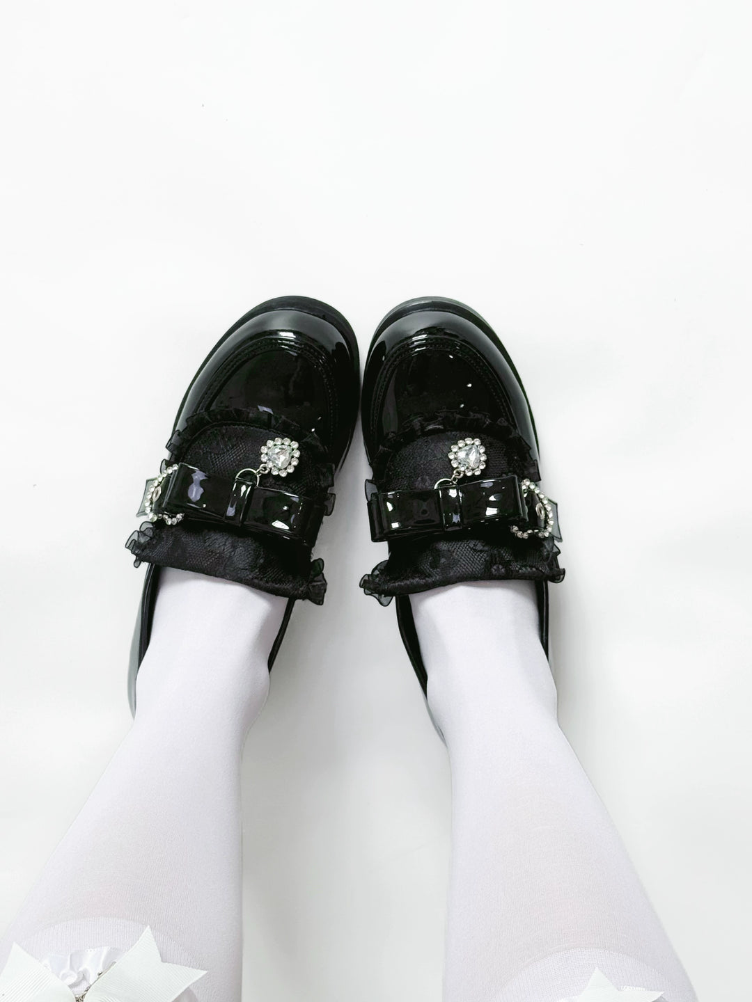 Jirai Kei Low-Heel Loafer Shoes, Rhinestones & Bow 43944:790301