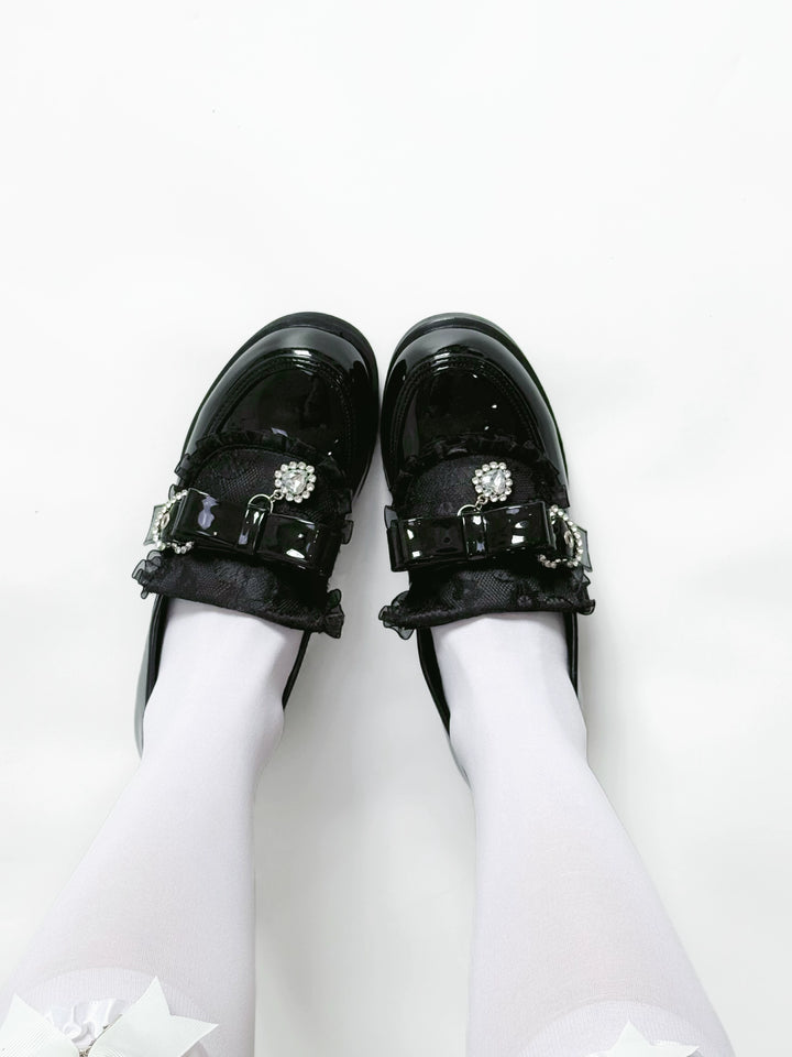 Jirai Kei Low-Heel Loafer Shoes, Rhinestones & Bow 43944:790301