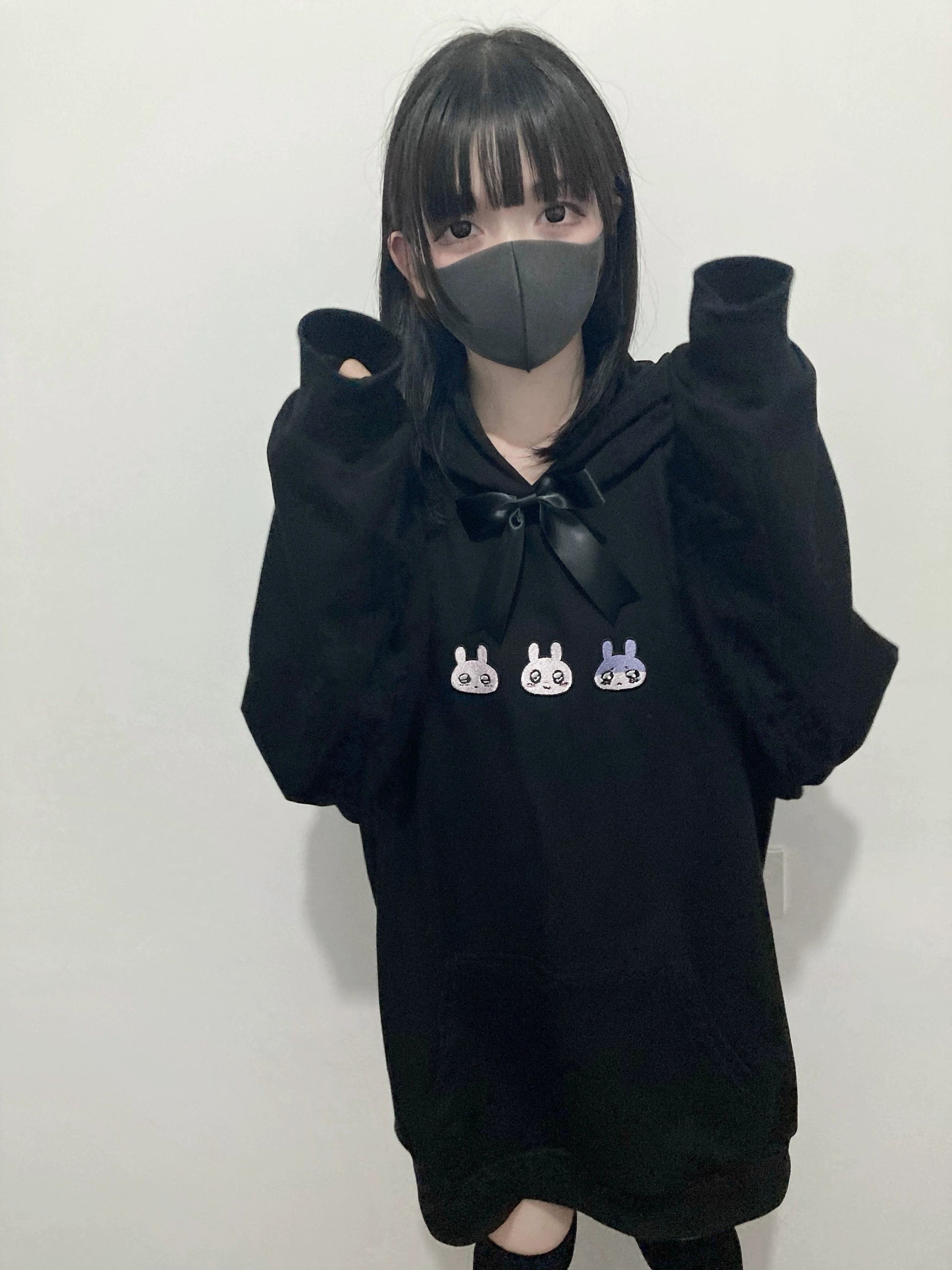 Plus Size Jirai Kei Hoodie Cute Black hooded Sweatshirt 35264:485150