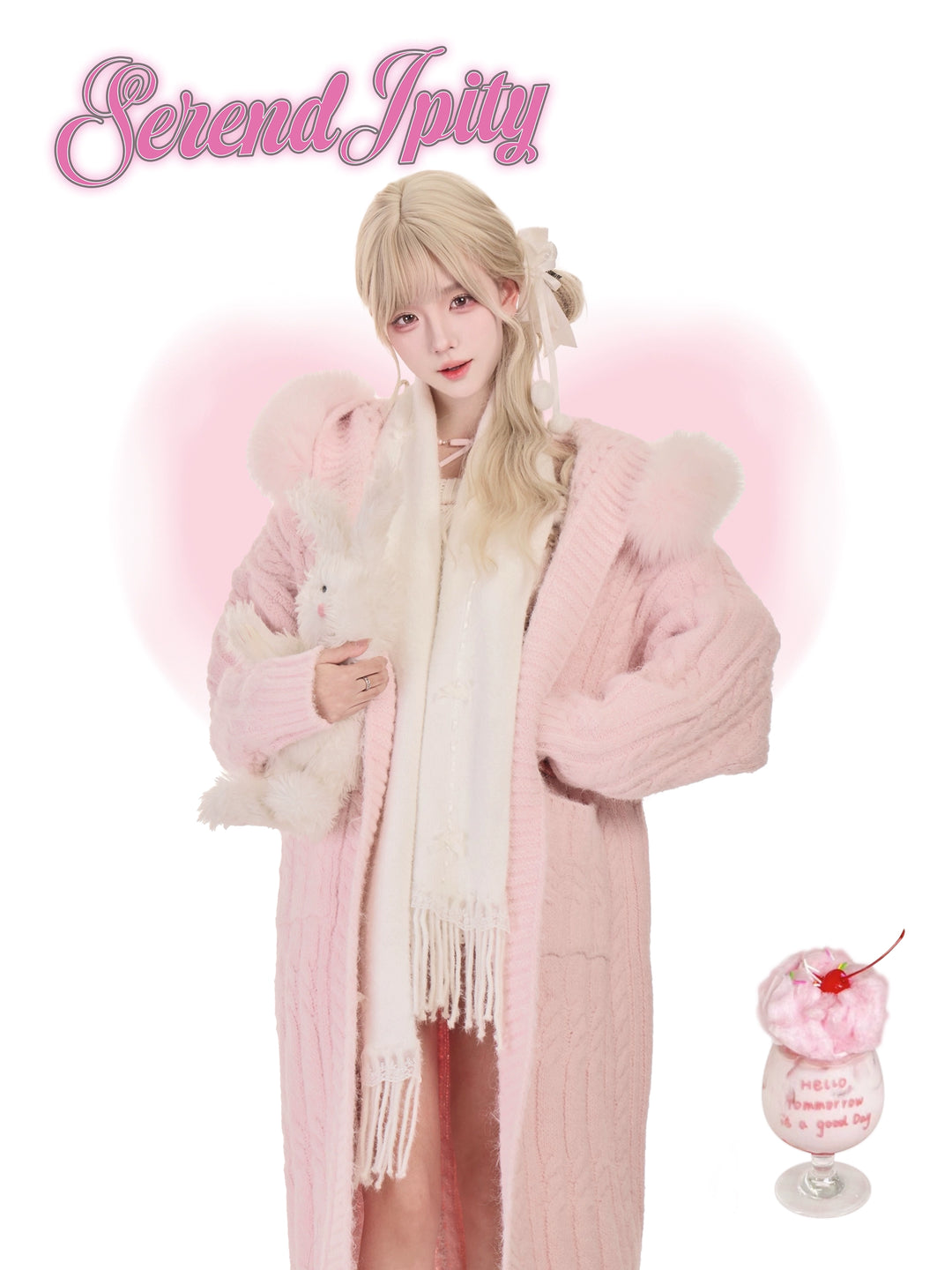 Pink Long Hooded Coat, Off Shoulder Sweater Outfit 44081:794984