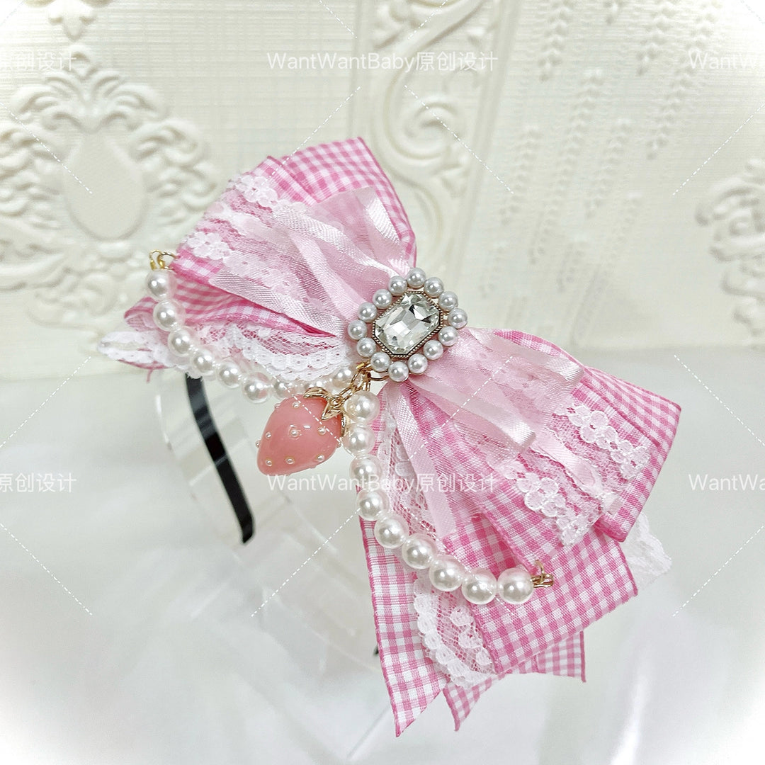 Ryousangata Plaid Strawberry Headband, Adjustable Bow (Pink) 43647:782290