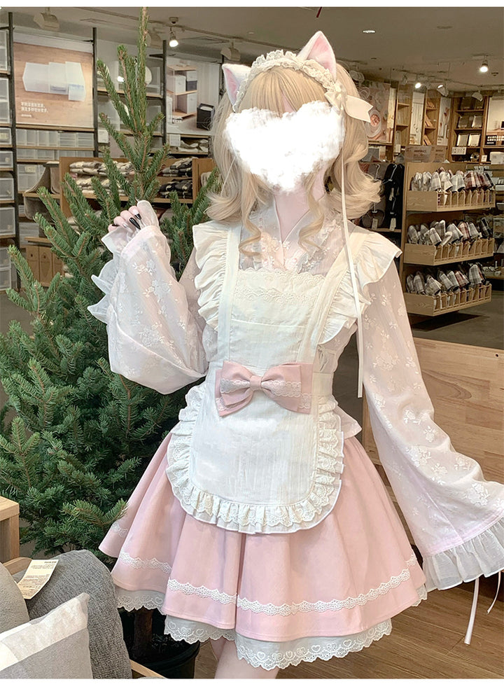 Kawaii Outfit White Maid Blouse And Pink Skirt With Apron 42283:735205