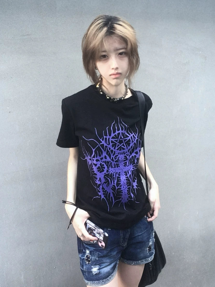 Cotton Subculture Cross Printed T-Shirt, Regular Shoulder 45696:859134