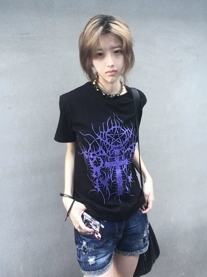 Cotton Subculture Cross Printed T-Shirt, Regular Shoulder 45696:859134