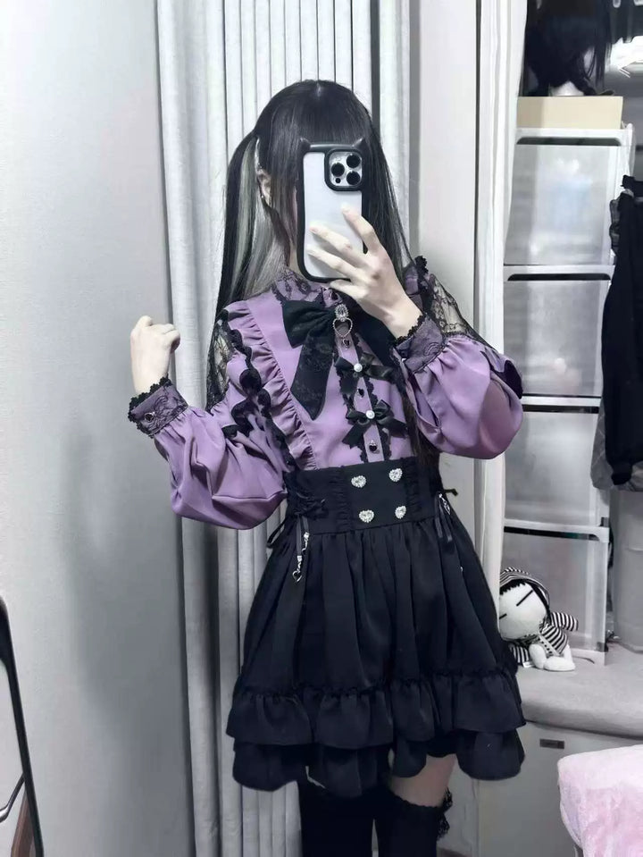 Purple Jirai Kei Blouse, Lace Trim and Detachable Bows 44666:818554