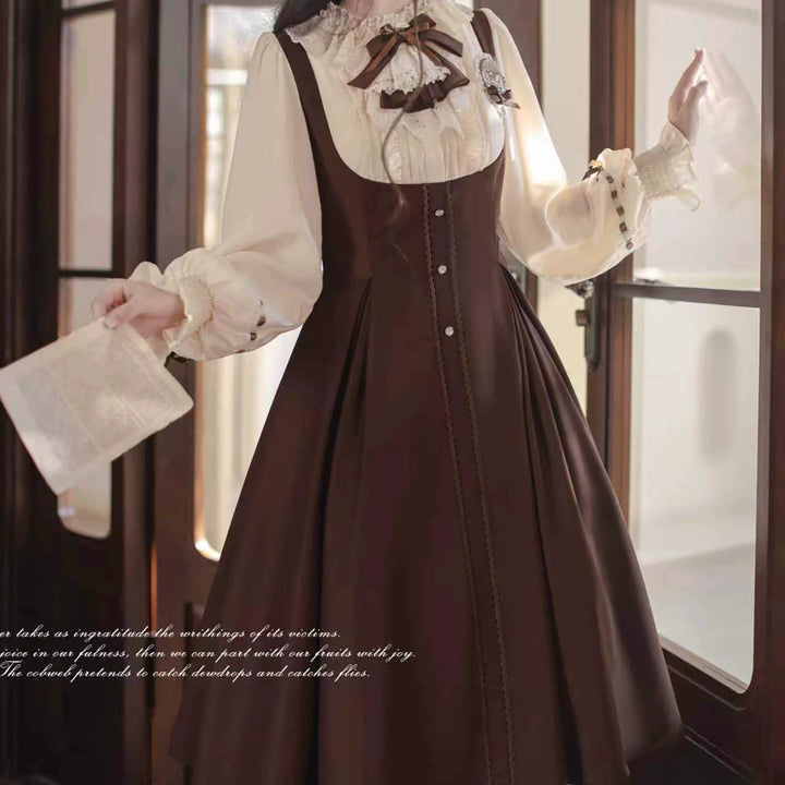 Elegant Lolita Brown and Beige OP Dress Set (L M S) 44124:797975