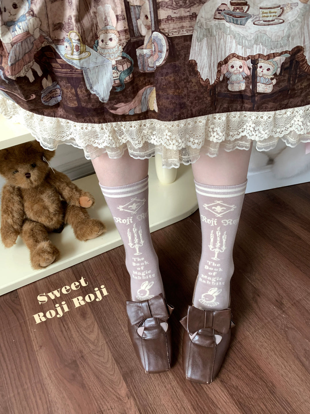 Lolita Cotton Mid-Calf Socks, Candle, Bunny & Key Patterns (Beige) 44714:822229