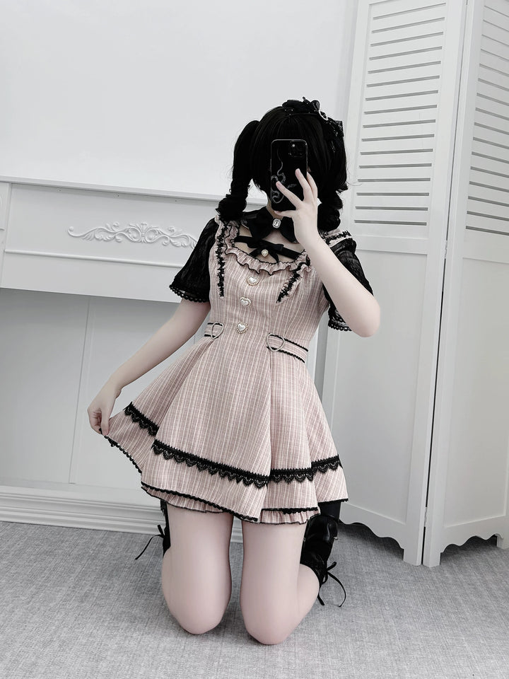 Jirai Kei Lace Sleeve Dress Set, Detachable Faux Collar 45261:842957