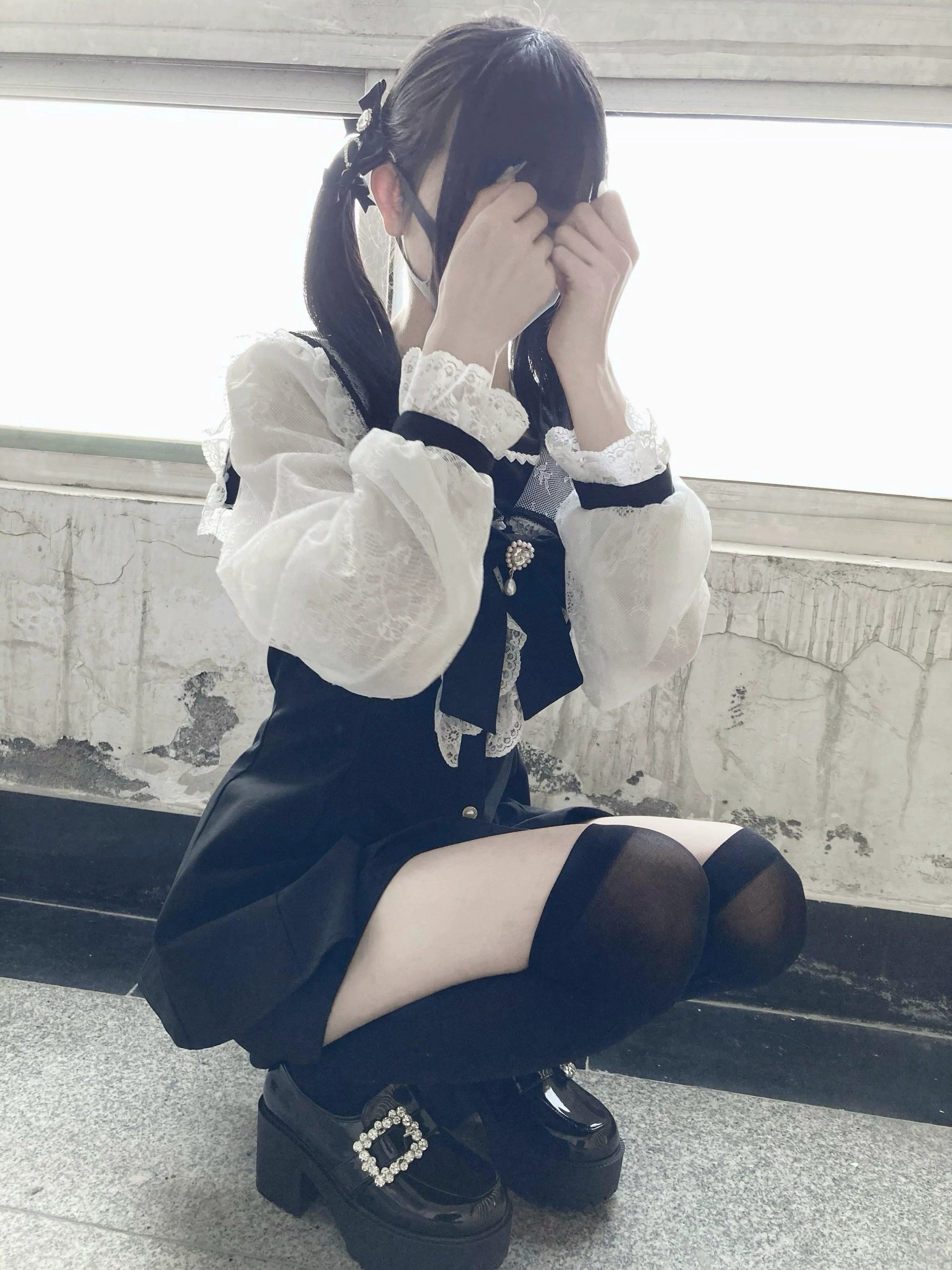 Black Jirai Kei Set Lace Sleeve Sailor Collar Dress Shorts 37650:567956