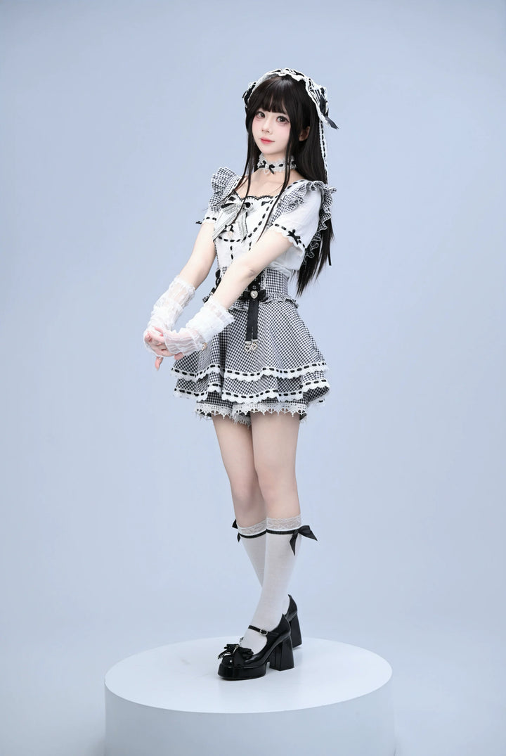 Jirai Kei Cotton Shirt, High-Waisted Suspender Skirt 45267:845205