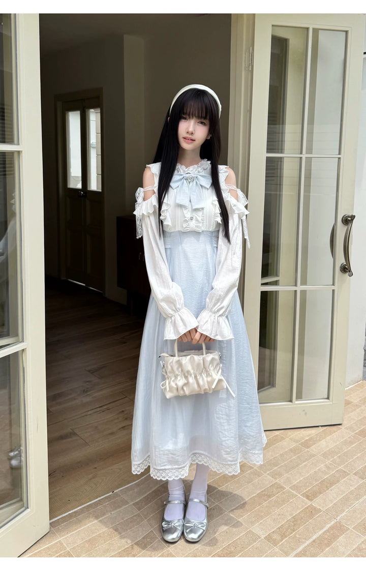Seiso Kei Open Shoulder Dress, Blue & White Color Spliced (L M S) 45752:861363