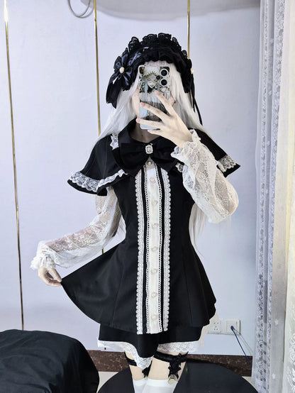 Jirai Kei Dress Set Lace Sleeve Black Cape Outfit Sets 37456:561418