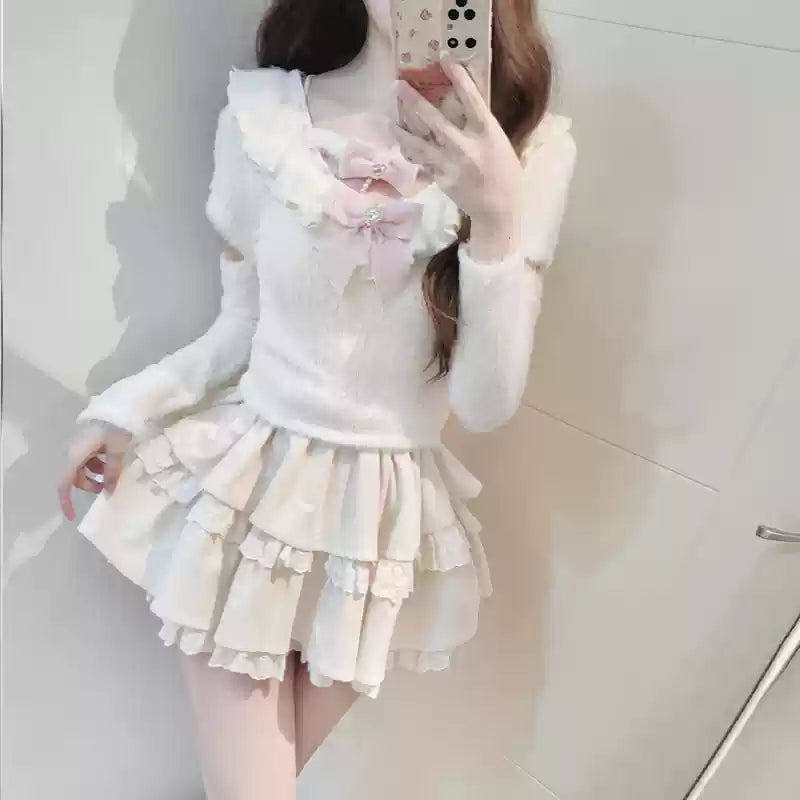 Sweet Kawaii White Sweater Cake Skirt Set 41556:703704