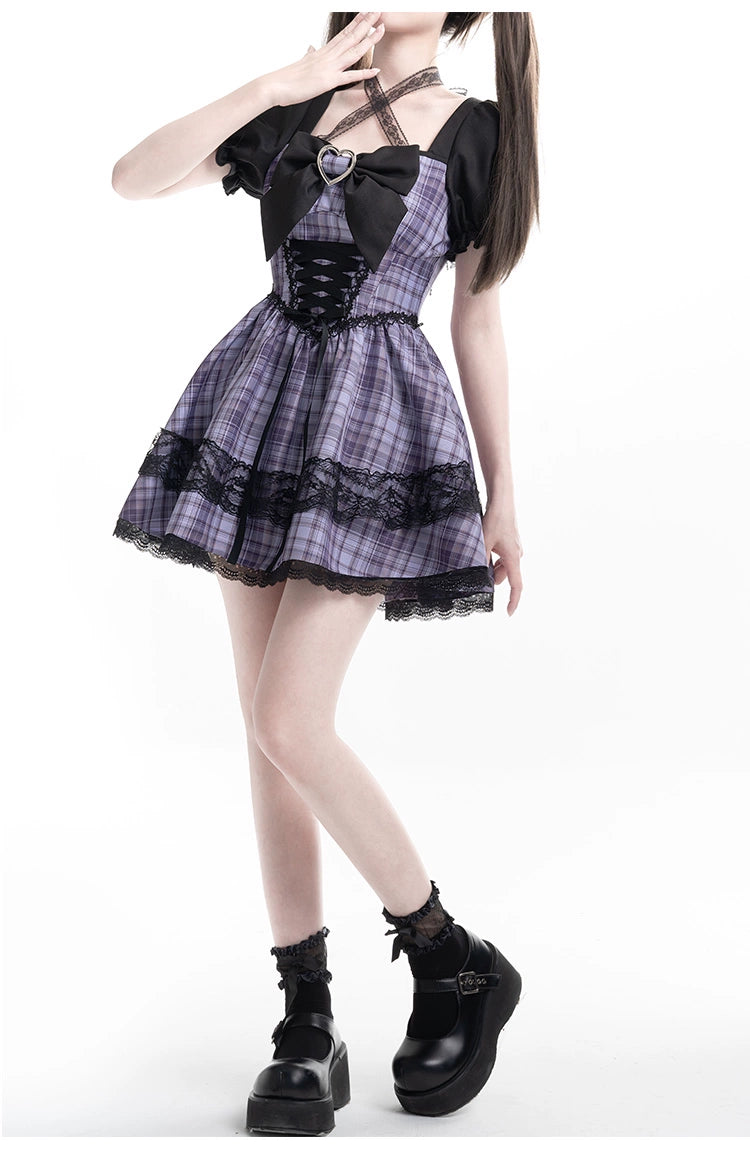 Jirai Kei Dress Puff Sleeves Purple Dress Heart Buckle Dress 36418:570240