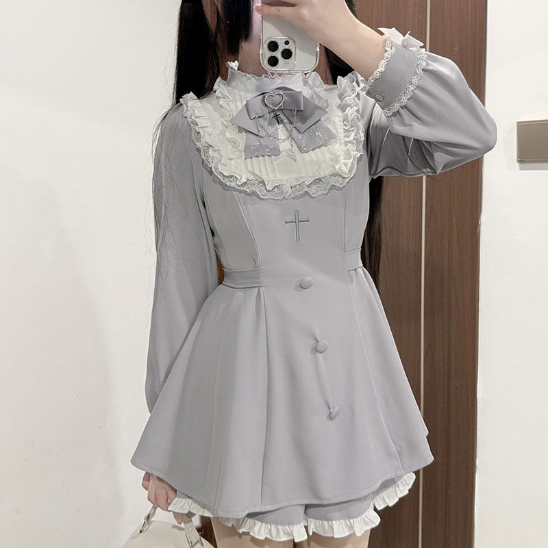 Jirai Kei Dress Set Long Sleeve Lace Dress And Shorts 41688:710580