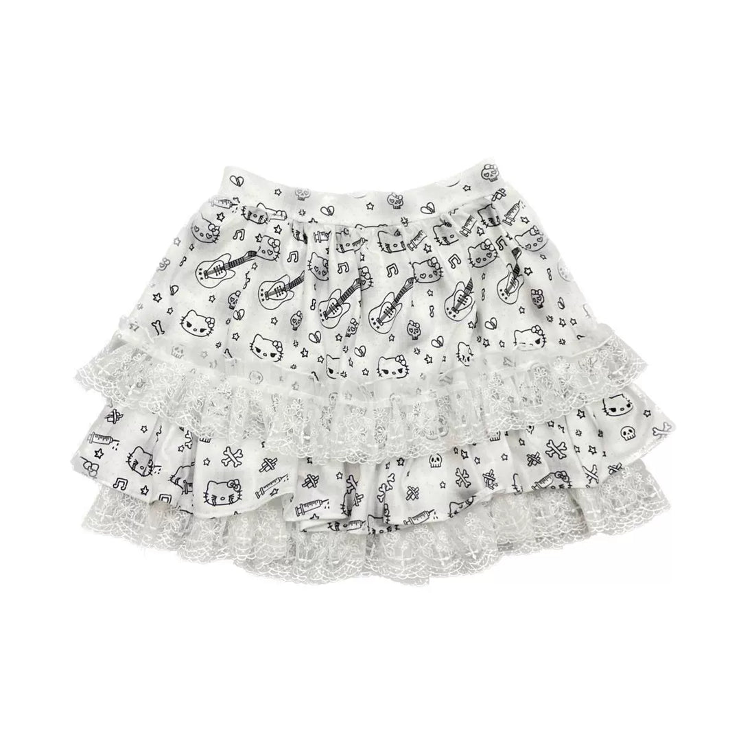 Y2K Skirt Kitty Print Lace Skirt Puff Cake Skirt (M S) 37736:586730