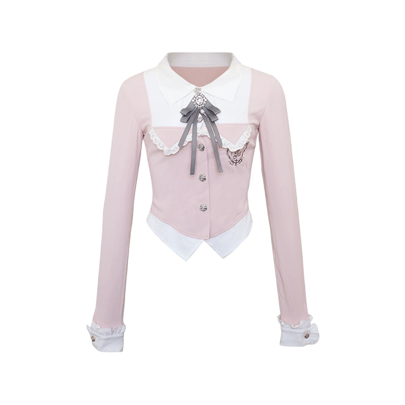 Preppy-Style Gyaru Outfit, Slim-Fit Blouse + Pleated Skirt (M S XS) 43435:779709
