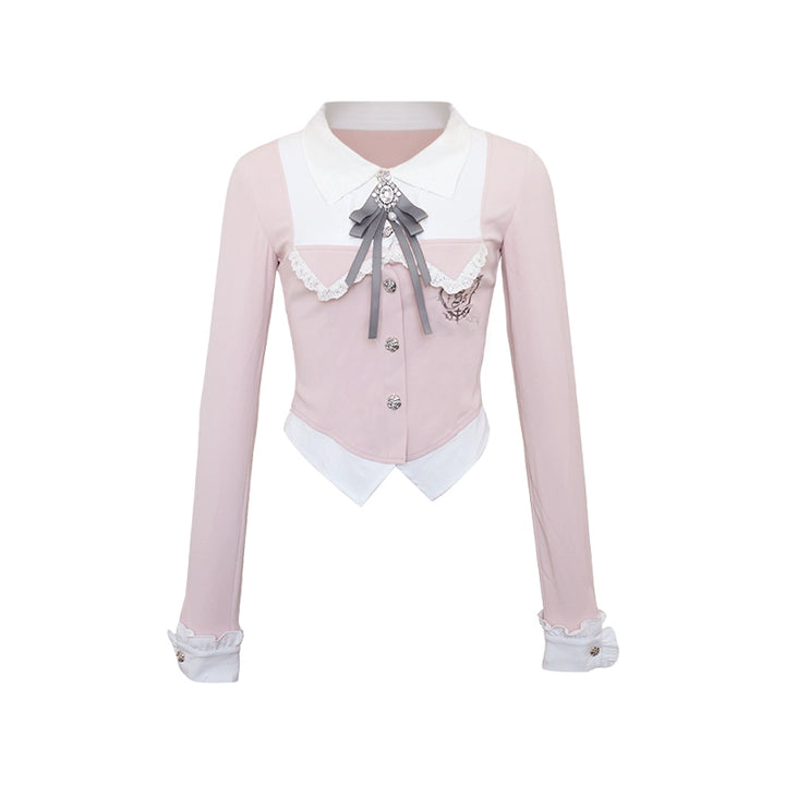 Preppy-Style Gyaru Outfit, Slim-Fit Blouse + Pleated Skirt (M S XS) 43435:779709