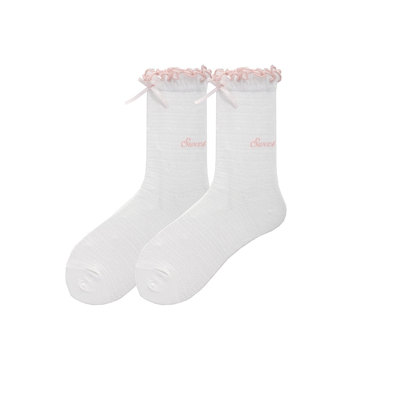 Lolita Socks Double Ruffle Trim Socks Bow Mid-Calf Socks 36566:610104