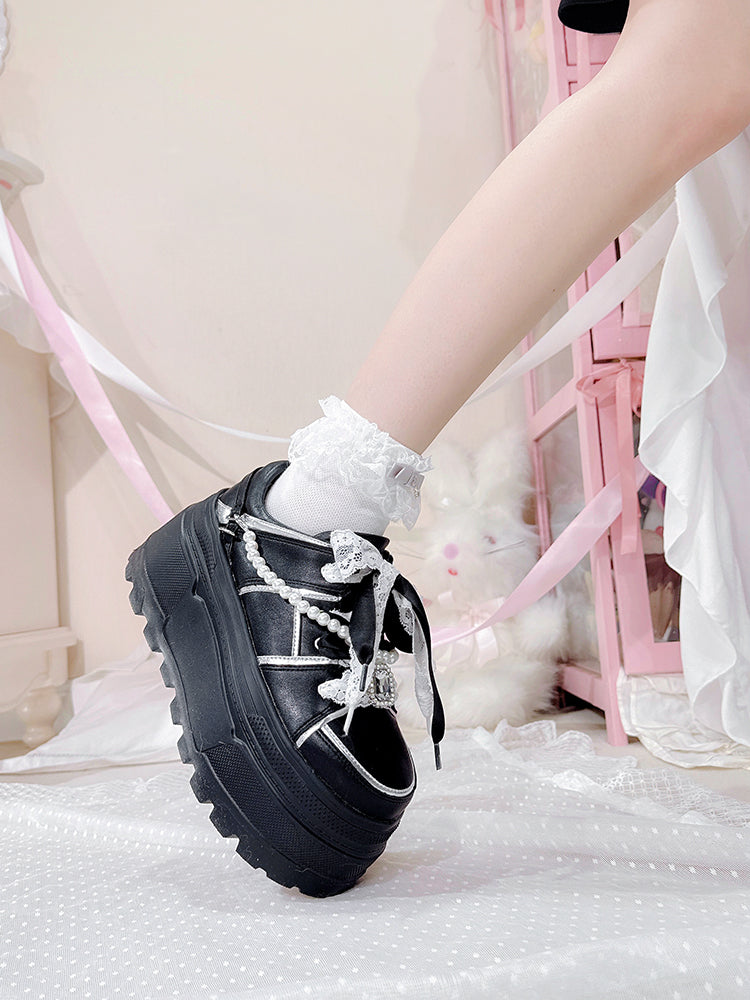 Jirai Kei Sneakers with Square Rhinestone and Detachable Pearl Chain 42360:737220