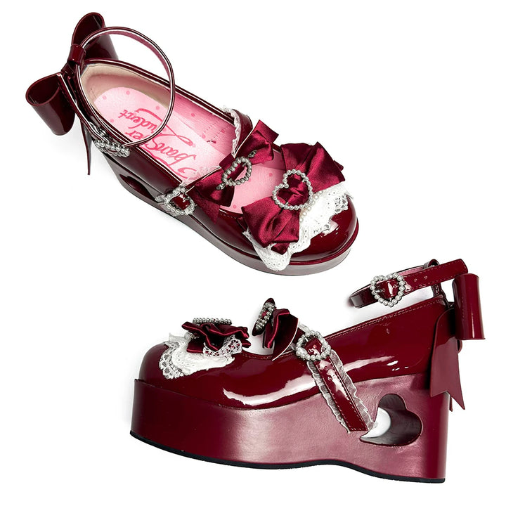 Old School Lolita High Platform Shoes, Heart Hollow Heel (Burgundy / 35 36 37 38 39 40 41) 44559:813883