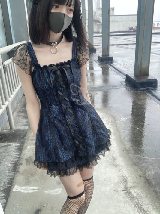Jirai Kei Dress Set Blue Plaid Flying Sleeve Dress 35266:485272