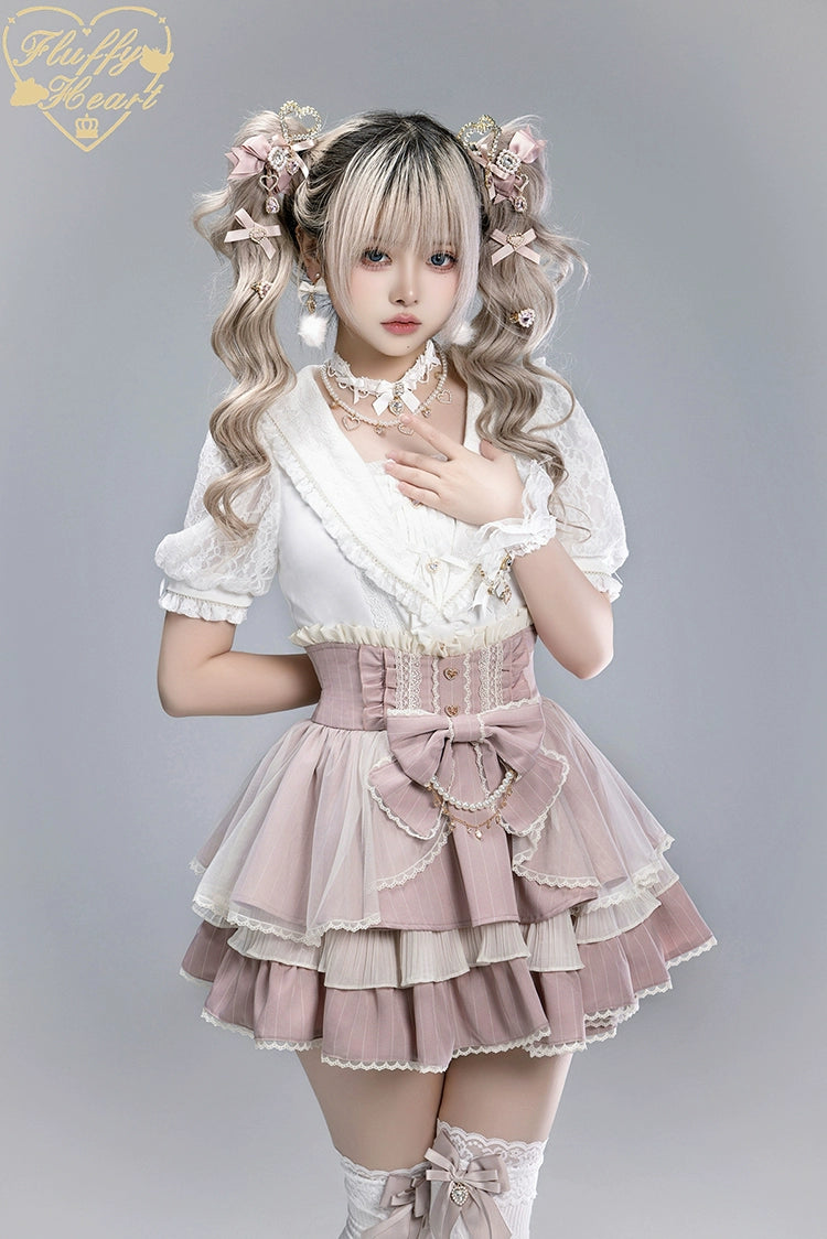 Striped High Waist Jirai Kei Skirt, Detachable Bow 43679:785985