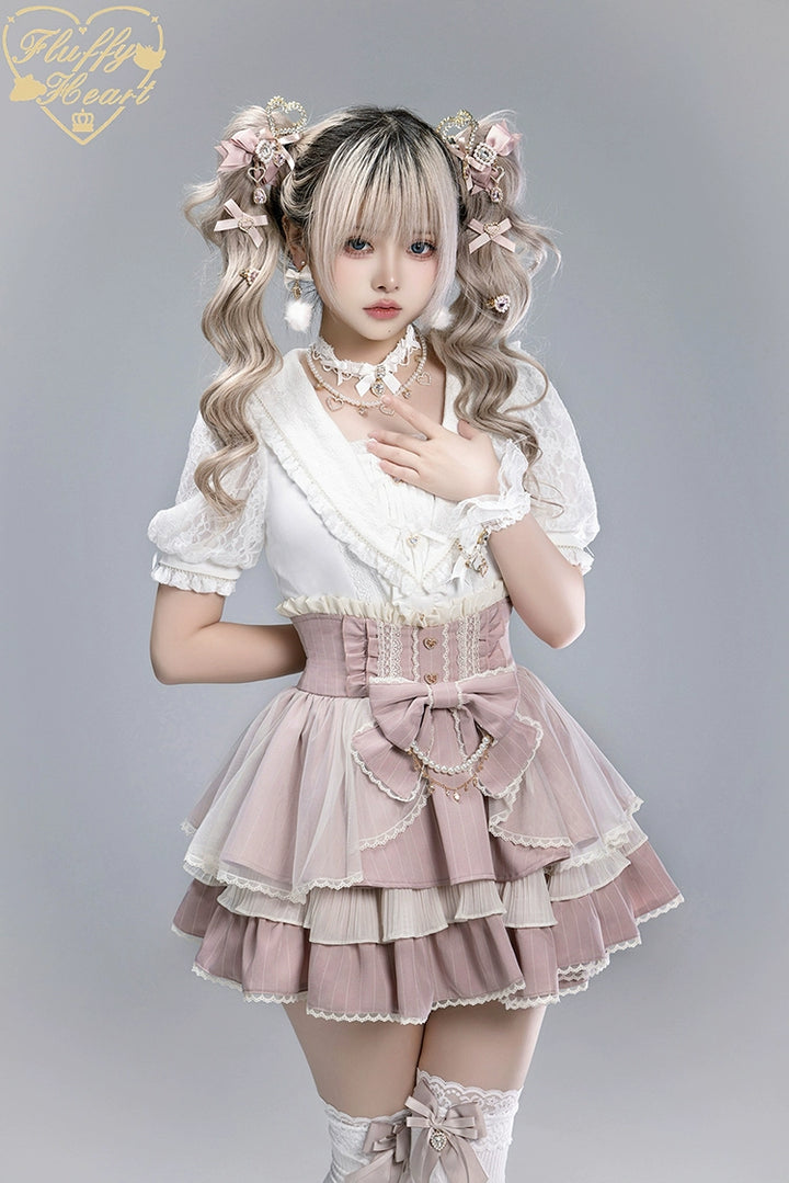 Striped High Waist Jirai Kei Skirt, Detachable Bow 43679:785985