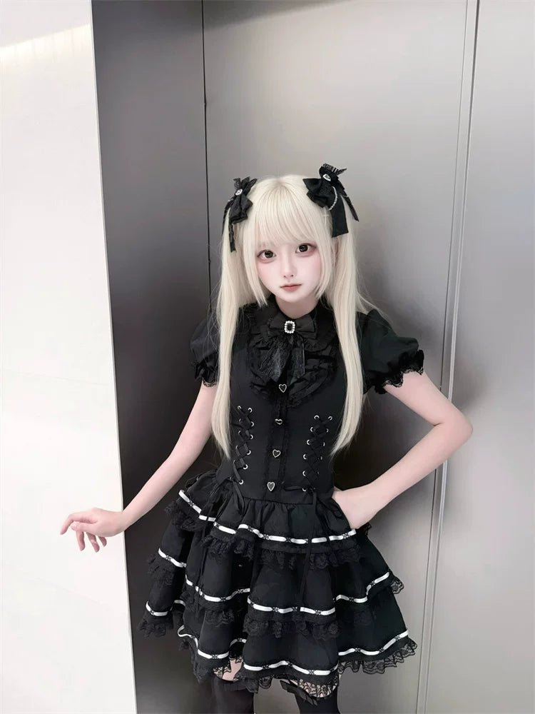 Puffy-Sleeved Jirai Kei Dress, Cake-Designed Hem 45569:854226