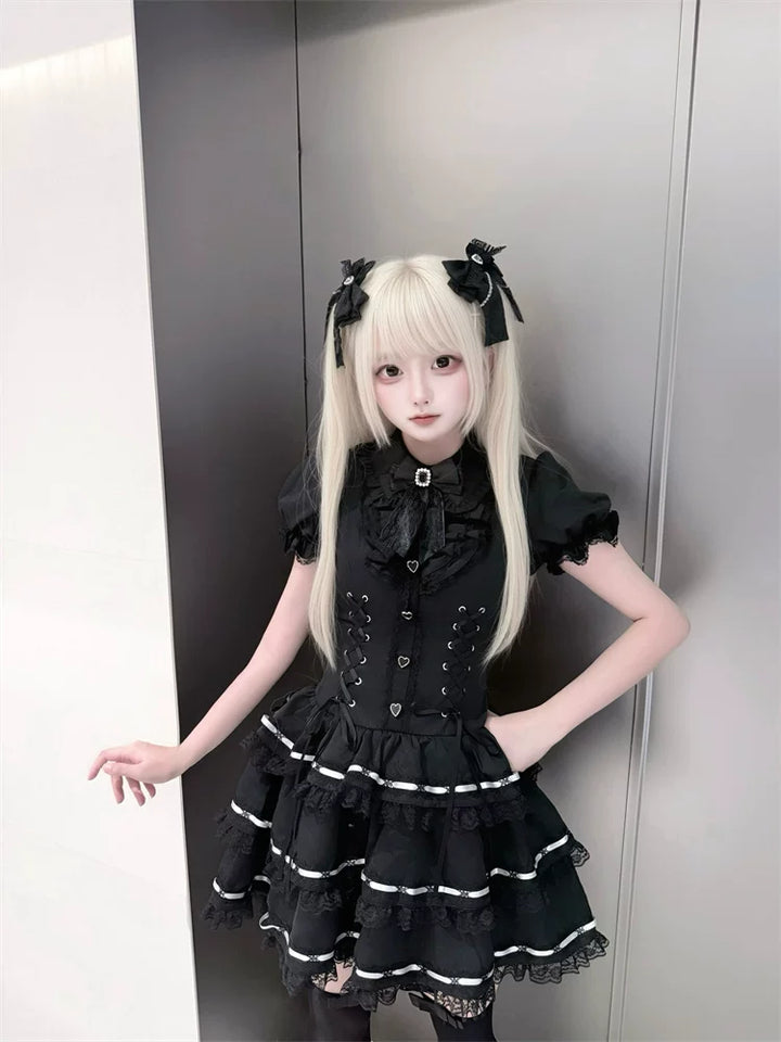 Puffy-Sleeved Jirai Kei Dress, Cake-Designed Hem 45569:854226