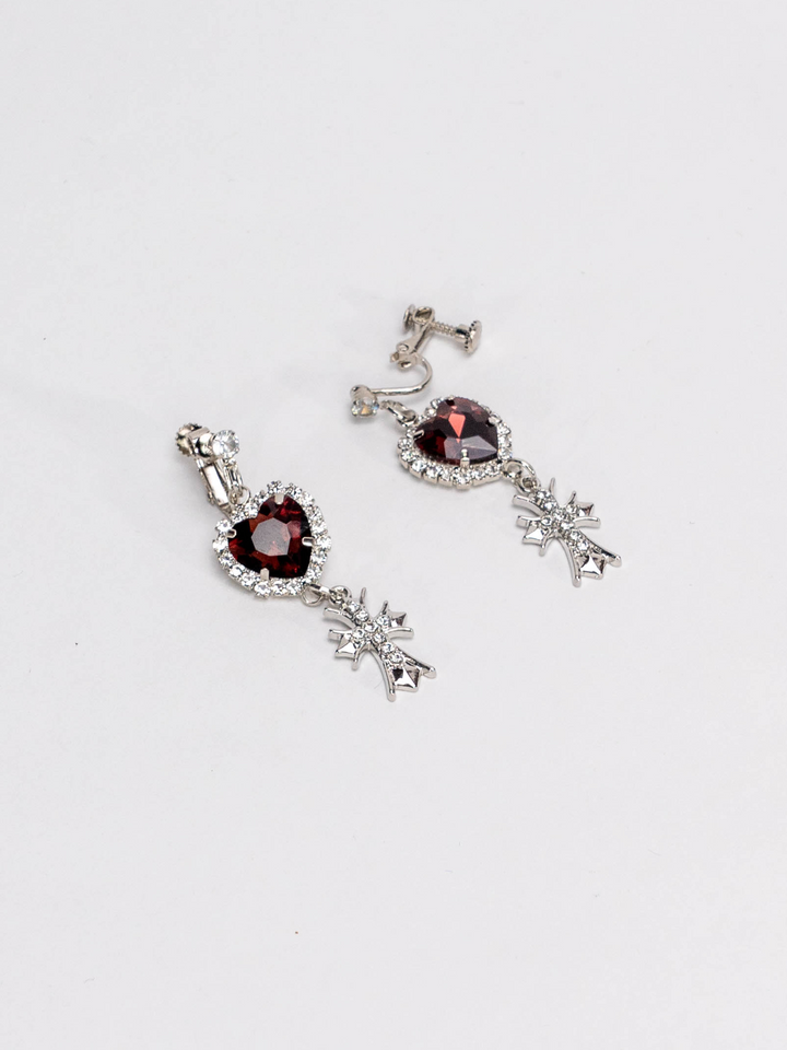 Jirai Kei Heart-Shaped Rhinestone Cross Earrings 21626:310046 21626:310046