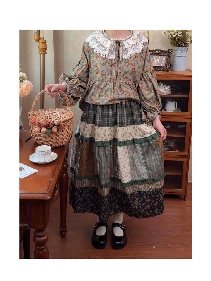 Mori Kei Skirt Retro Plaid Patchwork Floral Long Skirt 41800:714040