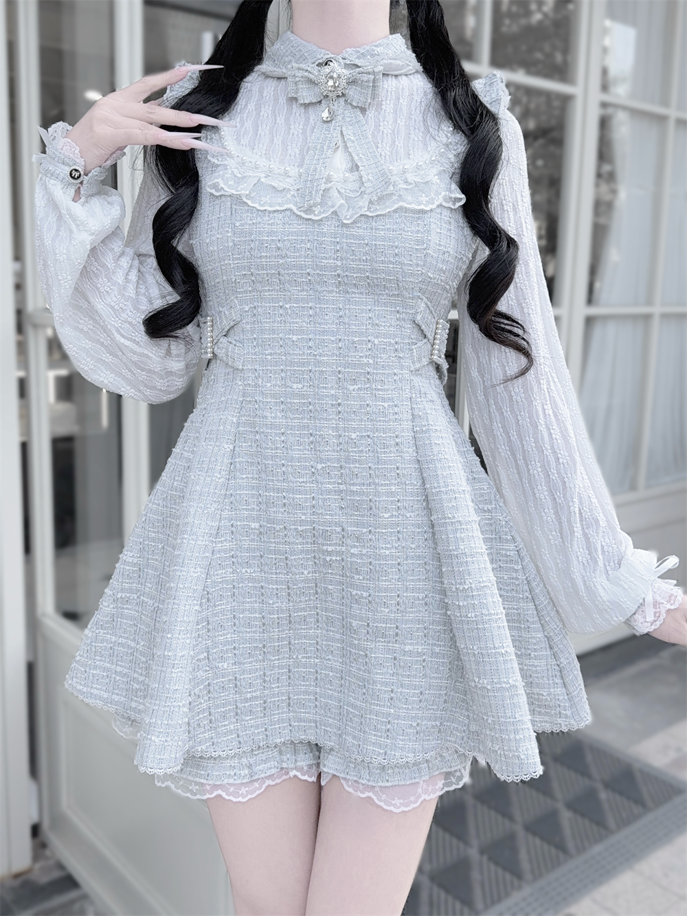 Tweed Ryousangata Dress Set, Elastic Waisted Shorts 44144:797209