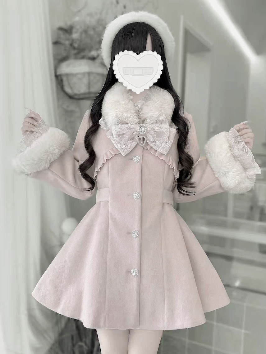 Fluffy Trim Ryousangata Winter Coat, Rhinestone Accents 44200:800814