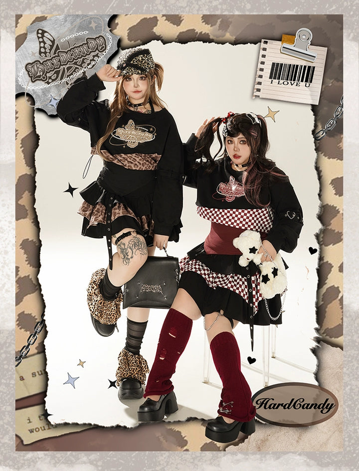 Plus Size Gyaru Outfit Set Leopard Plaid Skirt Set 39400:627834