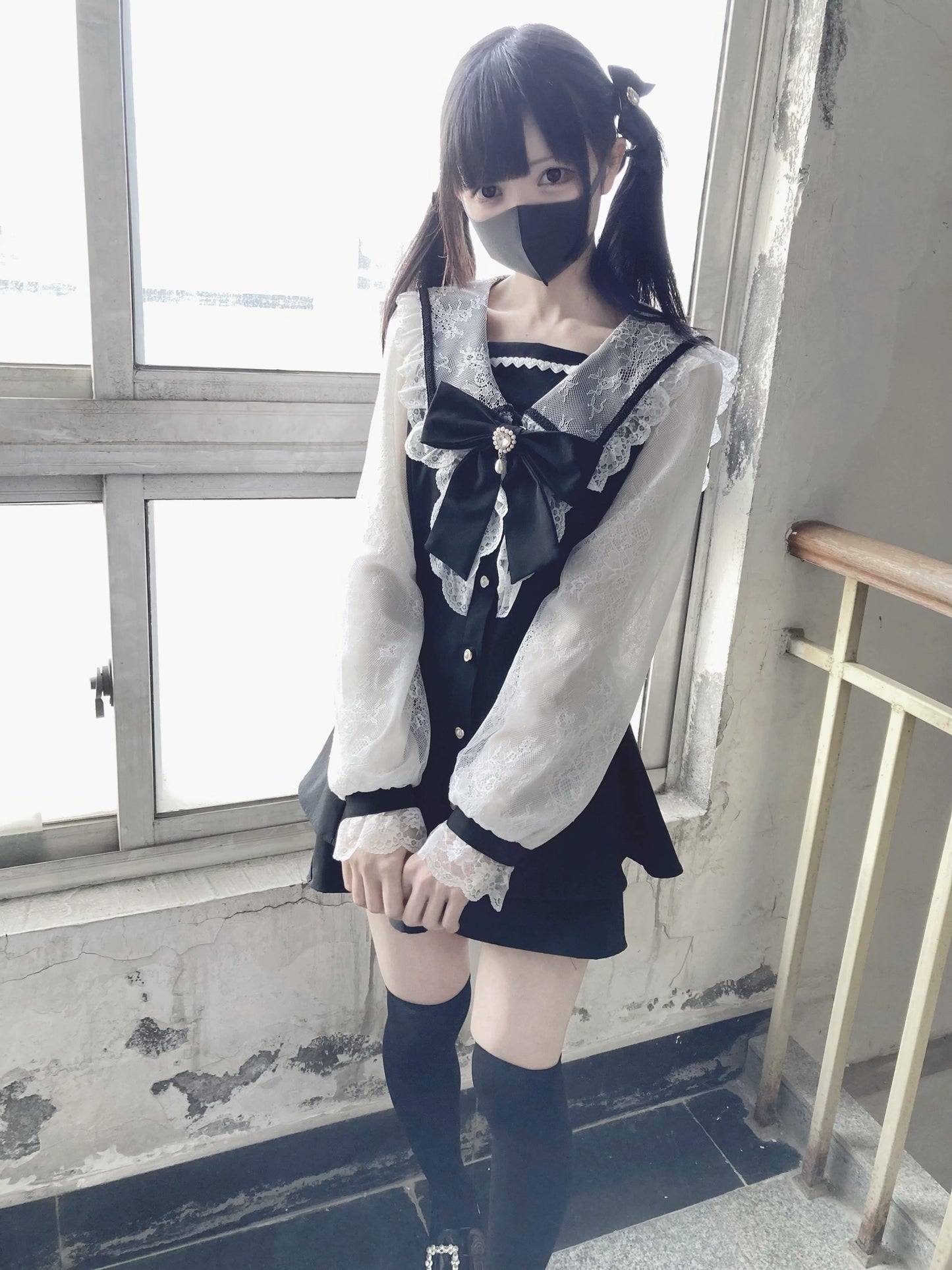 Black Jirai Kei Set Lace Sleeve Sailor Collar Dress Shorts 37650:567936