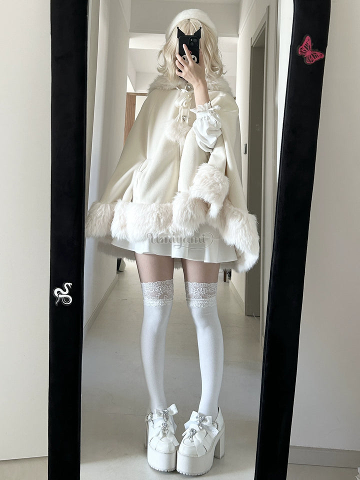 Jirai Kei Coat Bunny Ears Plush Collar Winter Hooded Cape 41894:717464