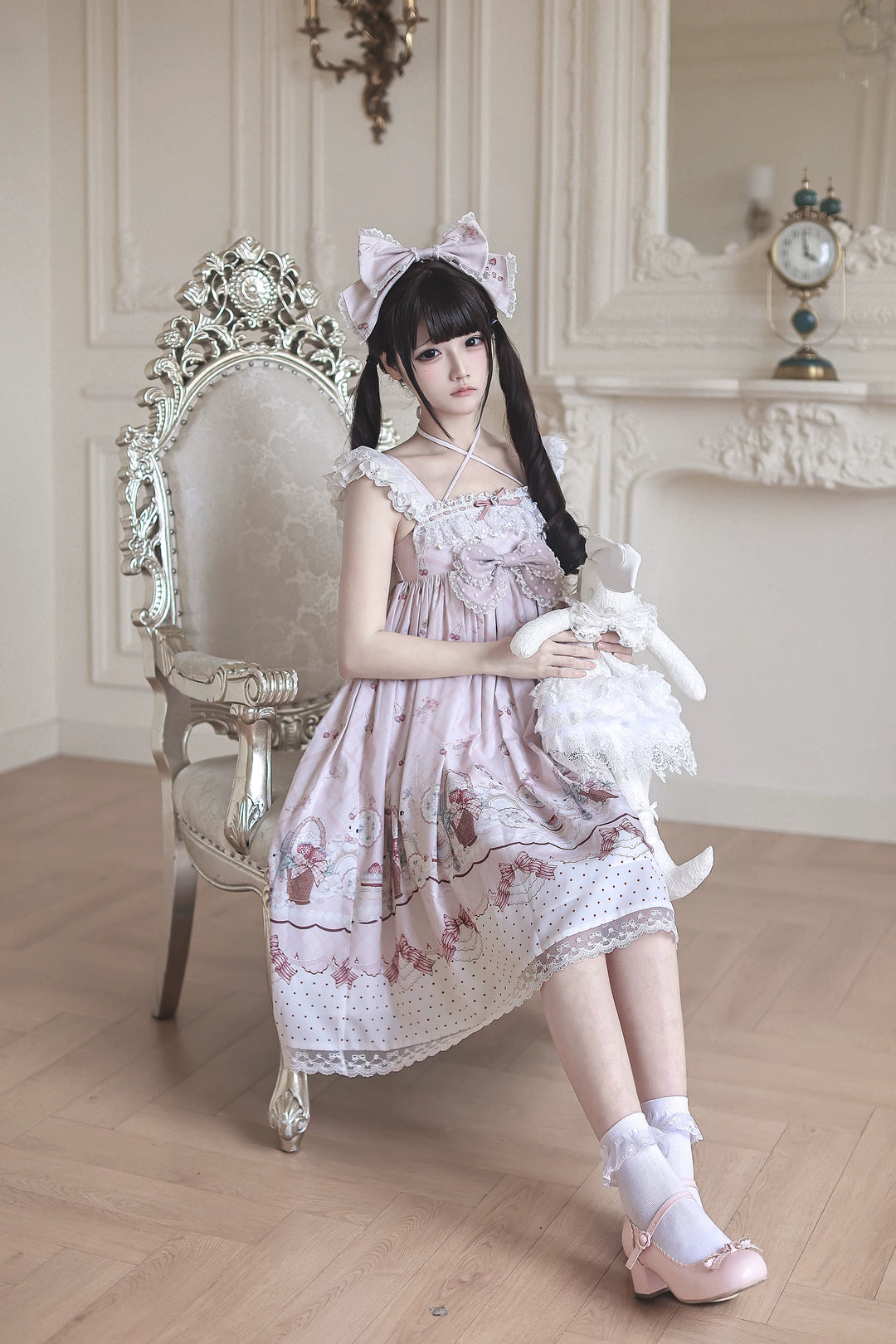 Strawberry Bunny Printed Kawaii Lolita Dress, Halter Neckline 45456:857954