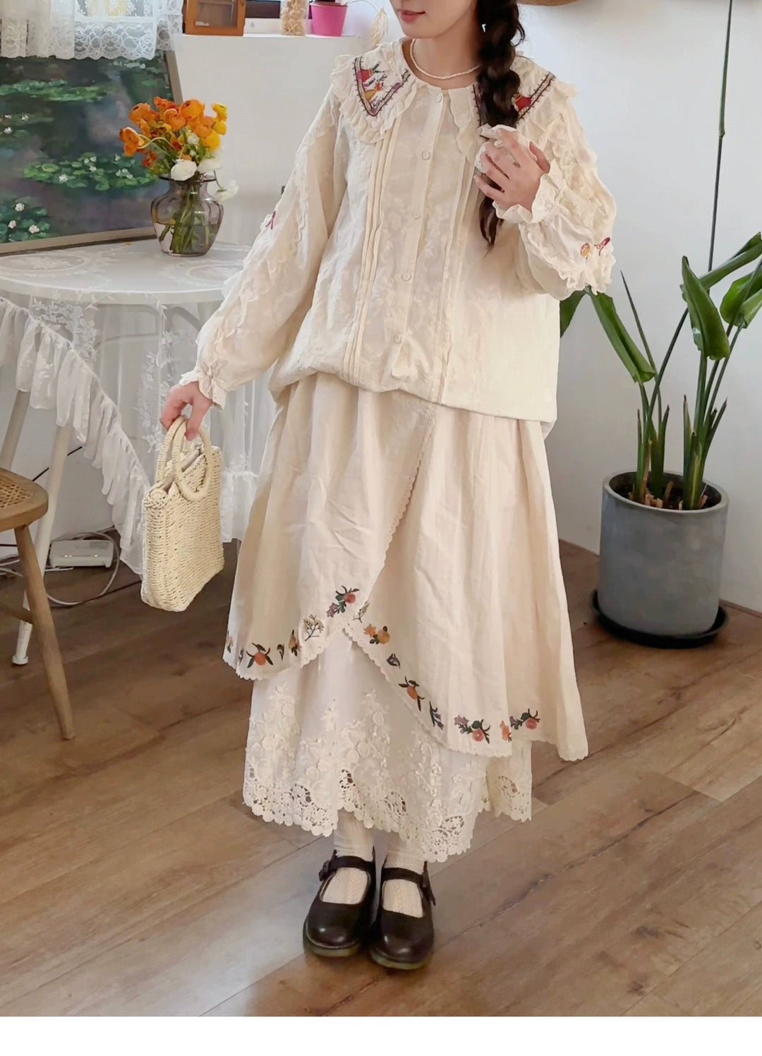 Mori Kei Skirt Sweet Retro Linen Embroidered Long Skirt 41802:714076