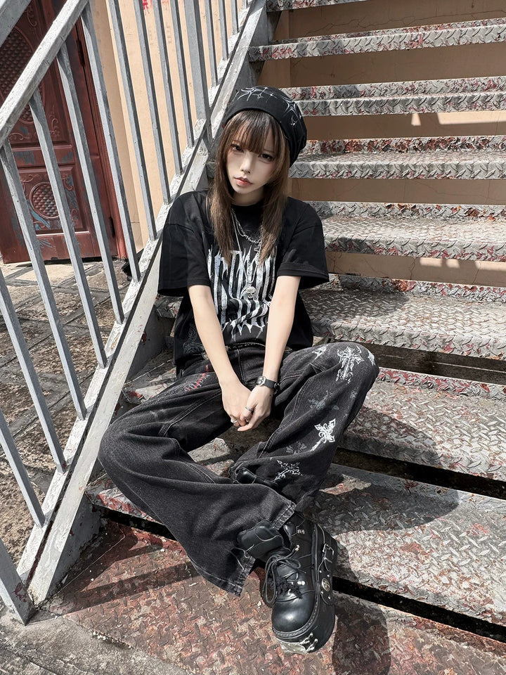 Punk Slight-flare Jeans, Varied Cross Prints 45698:859562