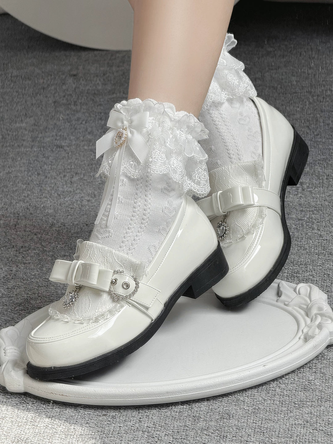 Jirai Kei Low-Heel Loafer Shoes, Rhinestones & Bow 43944:790318