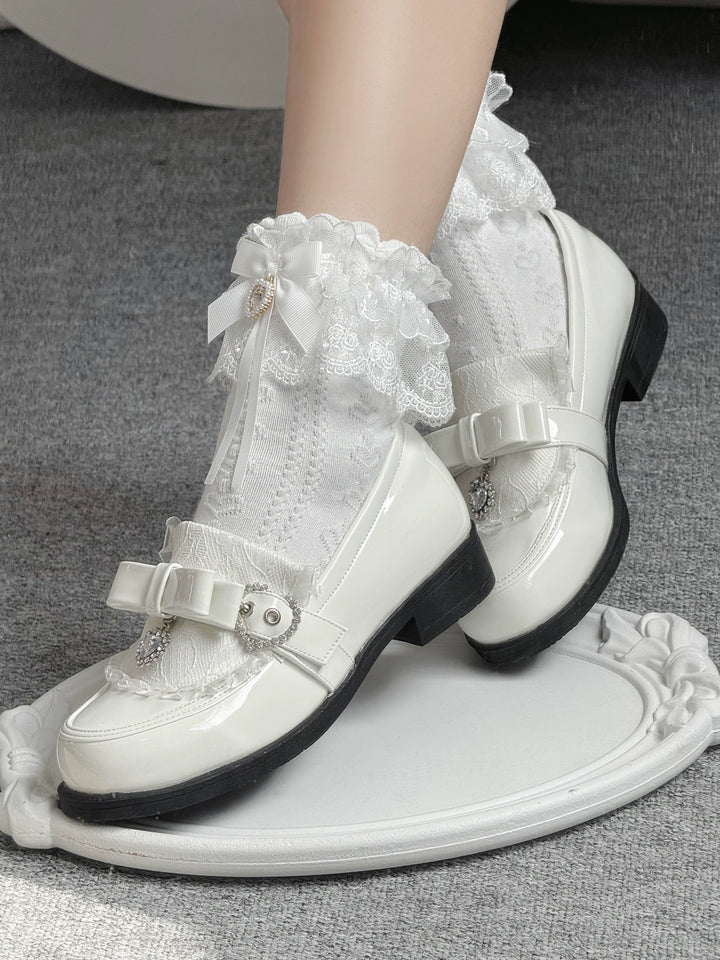 Jirai Kei Low-Heel Loafer Shoes, Rhinestones & Bow 43944:790318