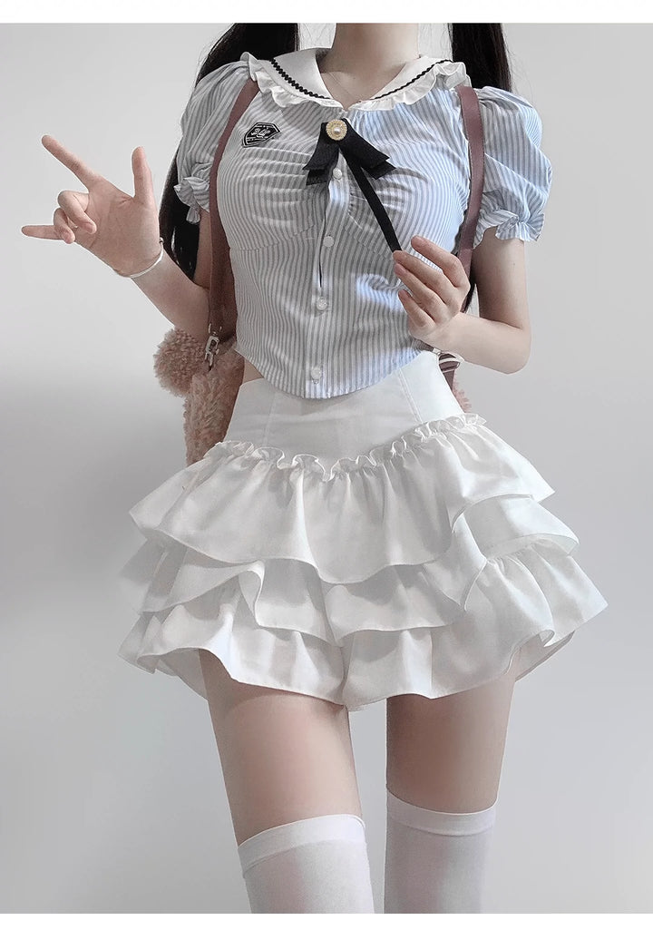 Gyaru Fashion Outfit Puff Sleeves Blouse High Waist Skirt 37010:549144