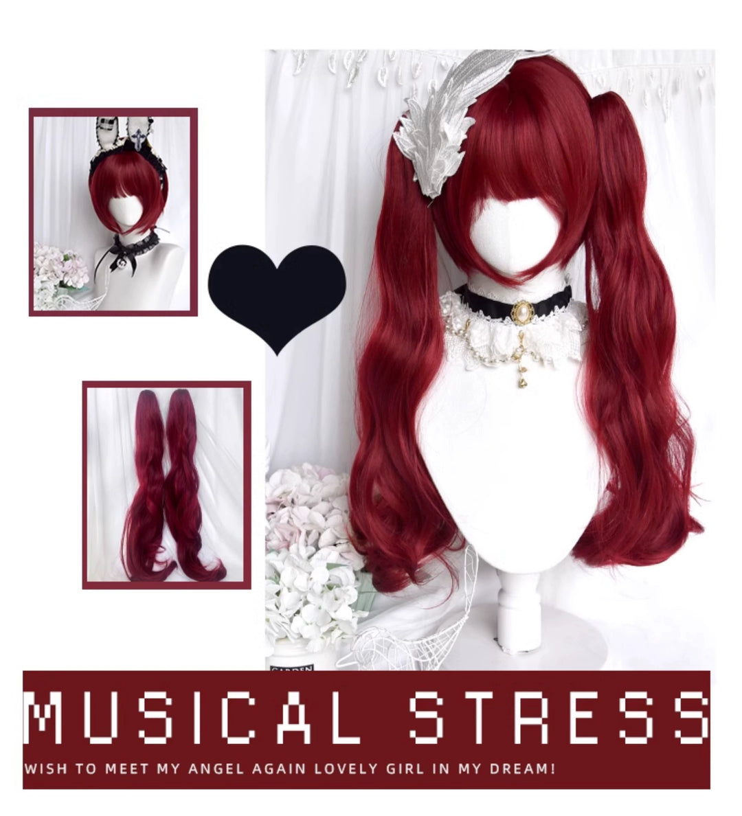 Gothic Lolita Wig Raspberry Red Claw Clip Double Ponyails 39354:640704