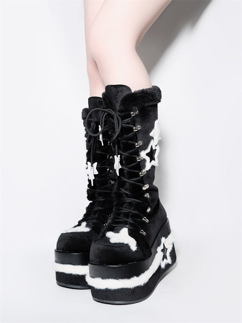 Y2K Platform Shoes Black Plush Combat Boots 33824:439516