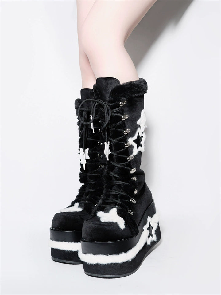 Y2K Platform Shoes Black Plush Combat Boots 33824:439550 33824:439550