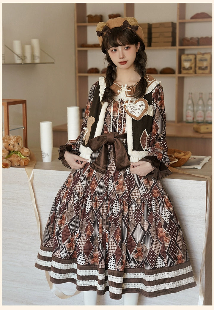 Lolita Dress Bear Embroidered Long Sleeve Dress And Vest 32068:382222 32068:382222