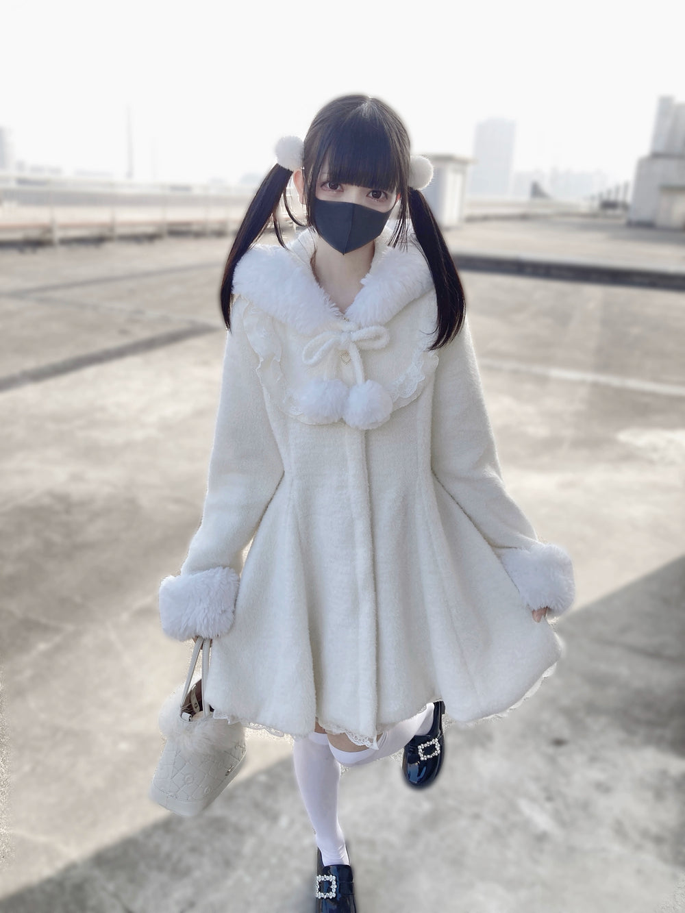 Jirai Kei Winter Coat White Hooded Fleeced Coat 39514:622162