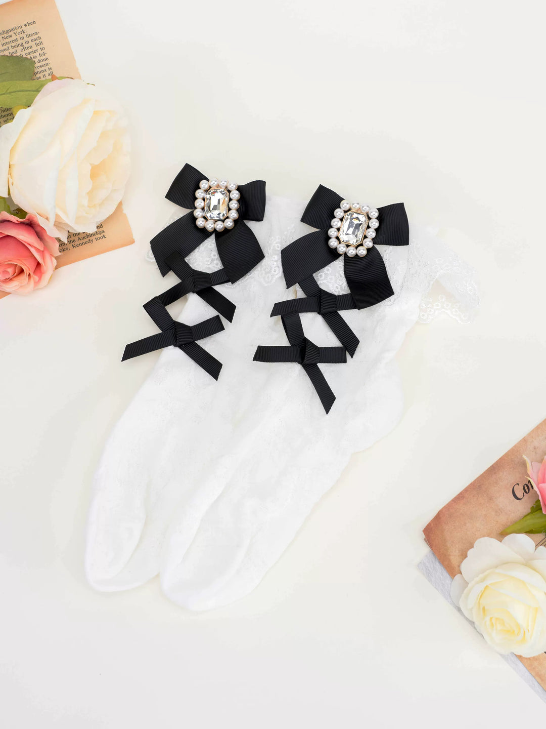 Kawaii Jirai Kei Ribbon White Black Lace Socks 21588:564792