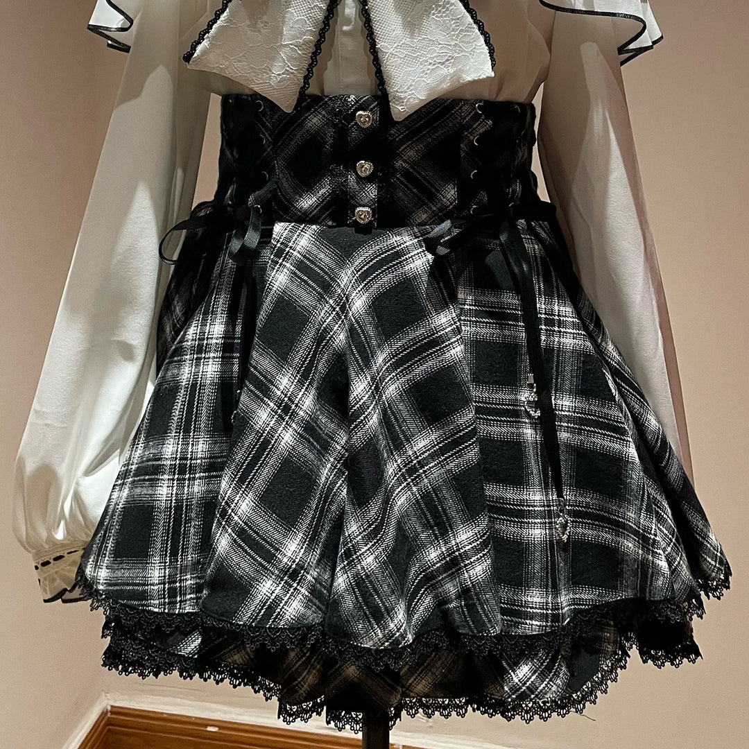 Jirai Kei Plaid Skirt, Ruffled Neckline Chiffon Blouse (2XL 3XL 4XL L M S XL) 45935:868712